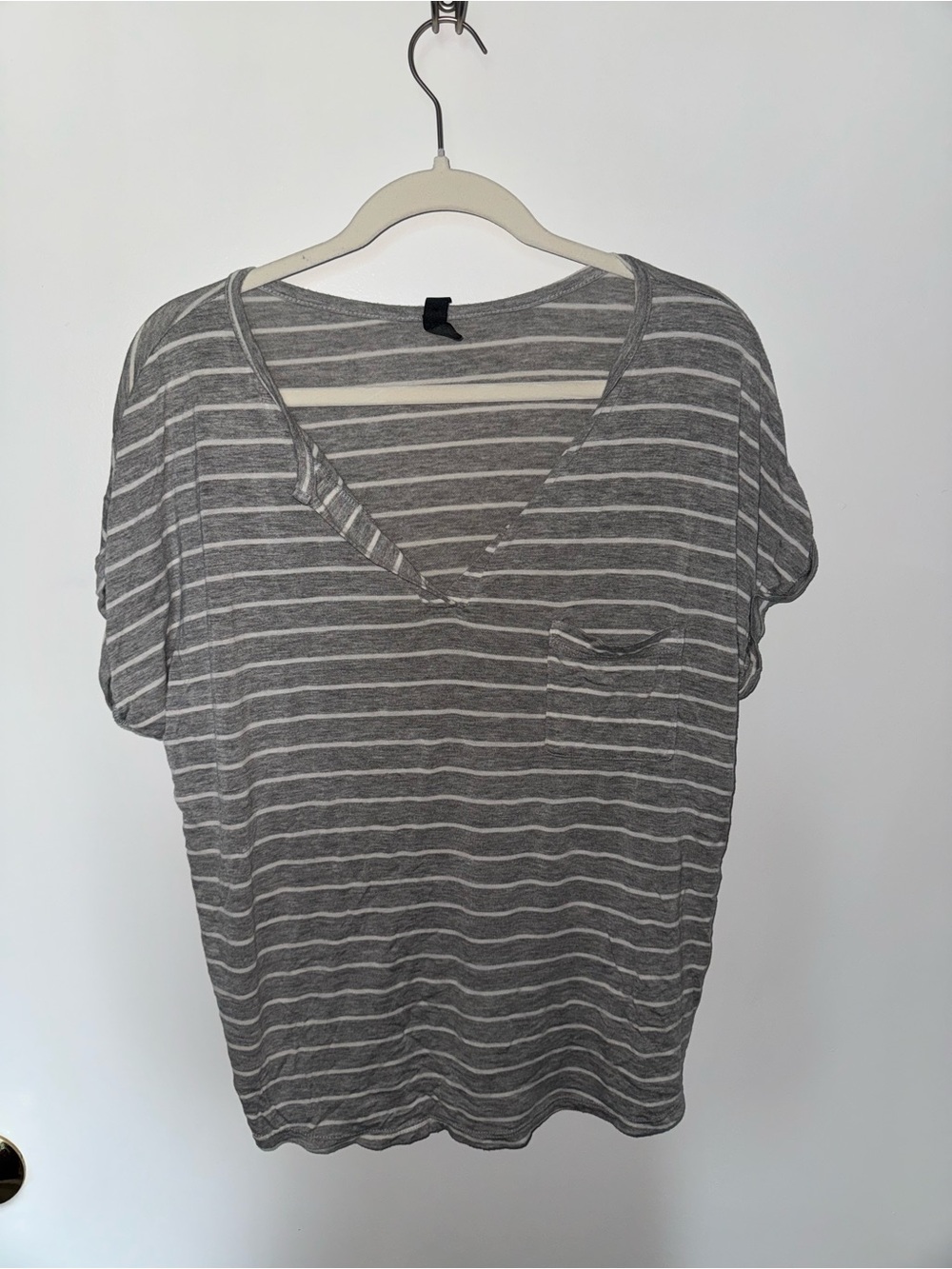 Alya Gray and White Striped V-Neck Pocket Tee